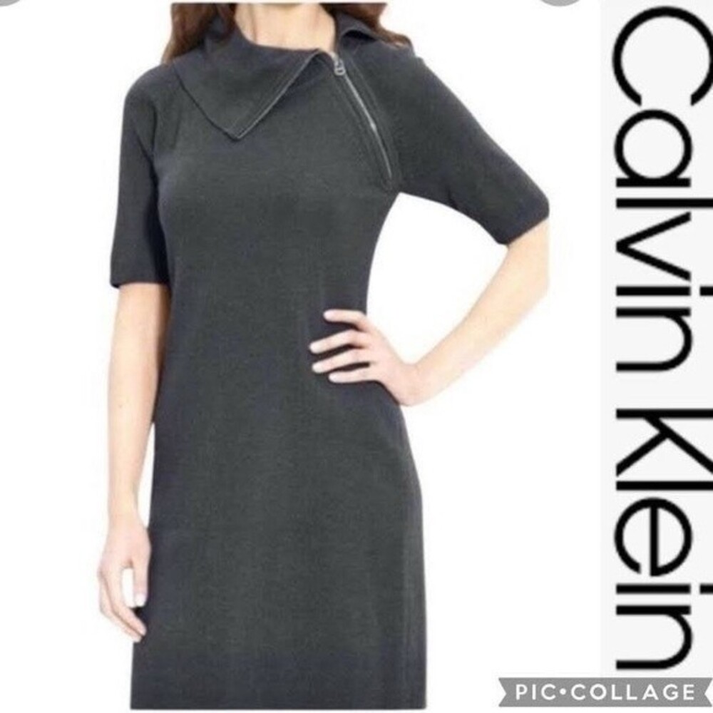 Calvin Klein CHARCOAL Fold Over Zip Collar Sweater Dress Sz S Short Sleeve